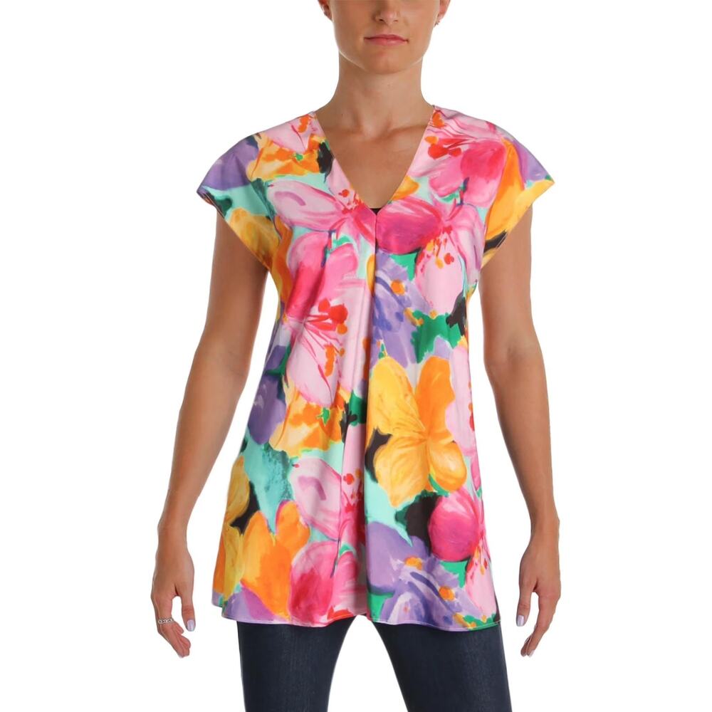 Lauren Ralph Lauren Floral Top Yellow Pink V-Neck Pullover Short Sleeve Sz M